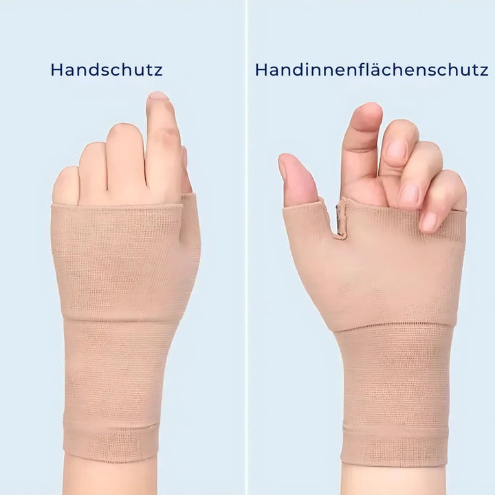 "Beige Handgelenk-Kompressionsmanschette mit Daumenstütze für Schmerzlinderung und Schwellungsreduktion. Größen S bis XL."
