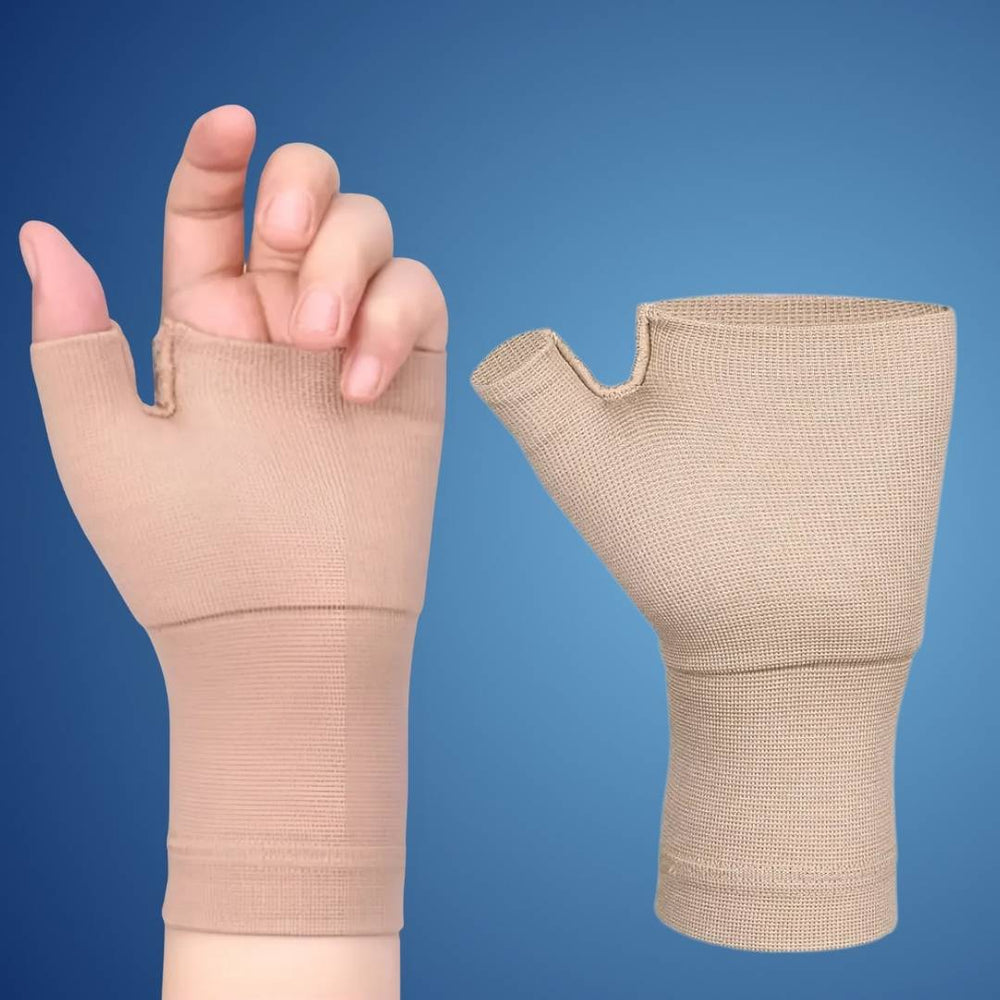 "Beige Handgelenk-Kompressionsmanschette mit Daumenstütze für Schmerzlinderung und Schwellungsreduktion. Größen S bis XL."
