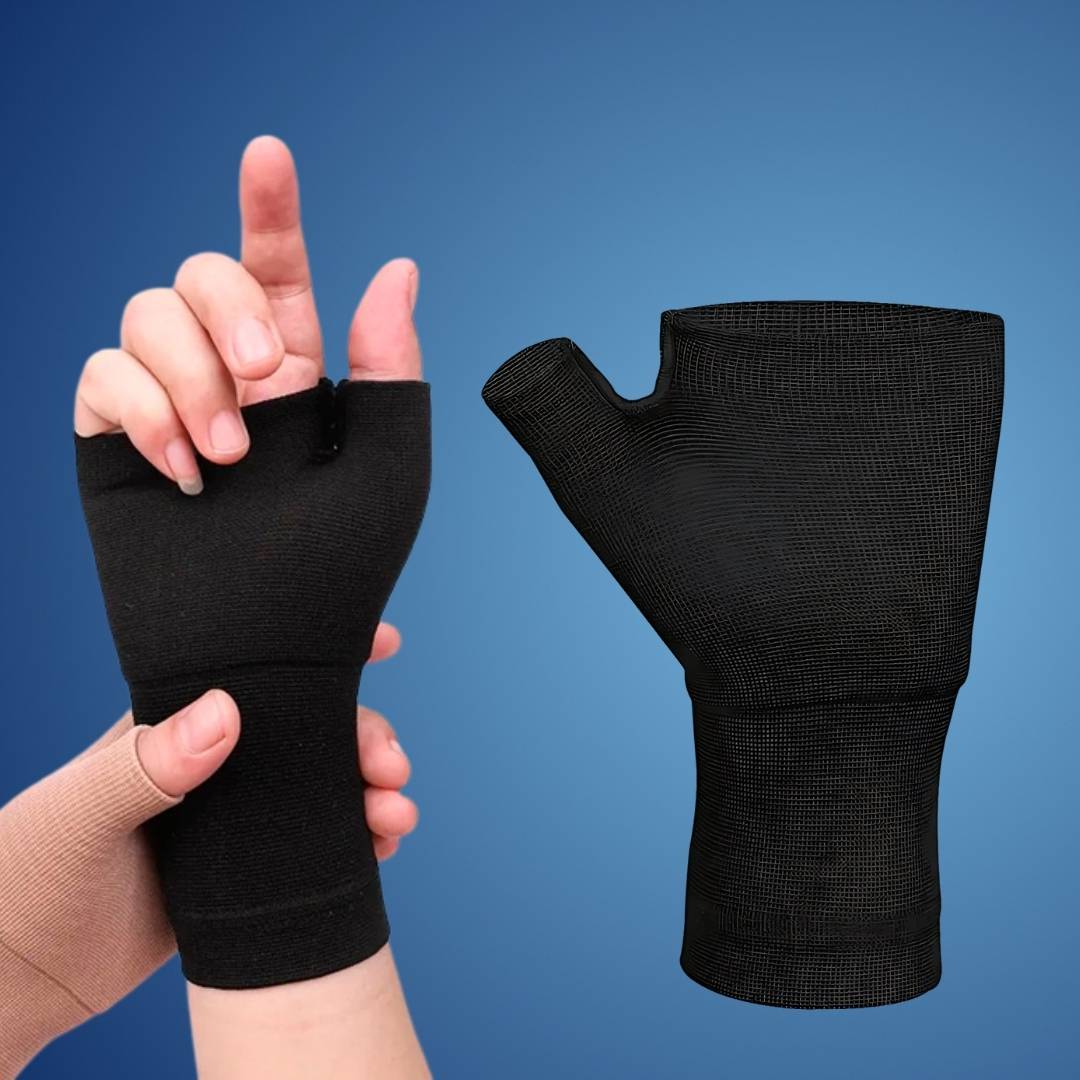"Beige Handgelenk-Kompressionsmanschette mit Daumenstütze für Schmerzlinderung und Schwellungsreduktion. Größen S bis XL."