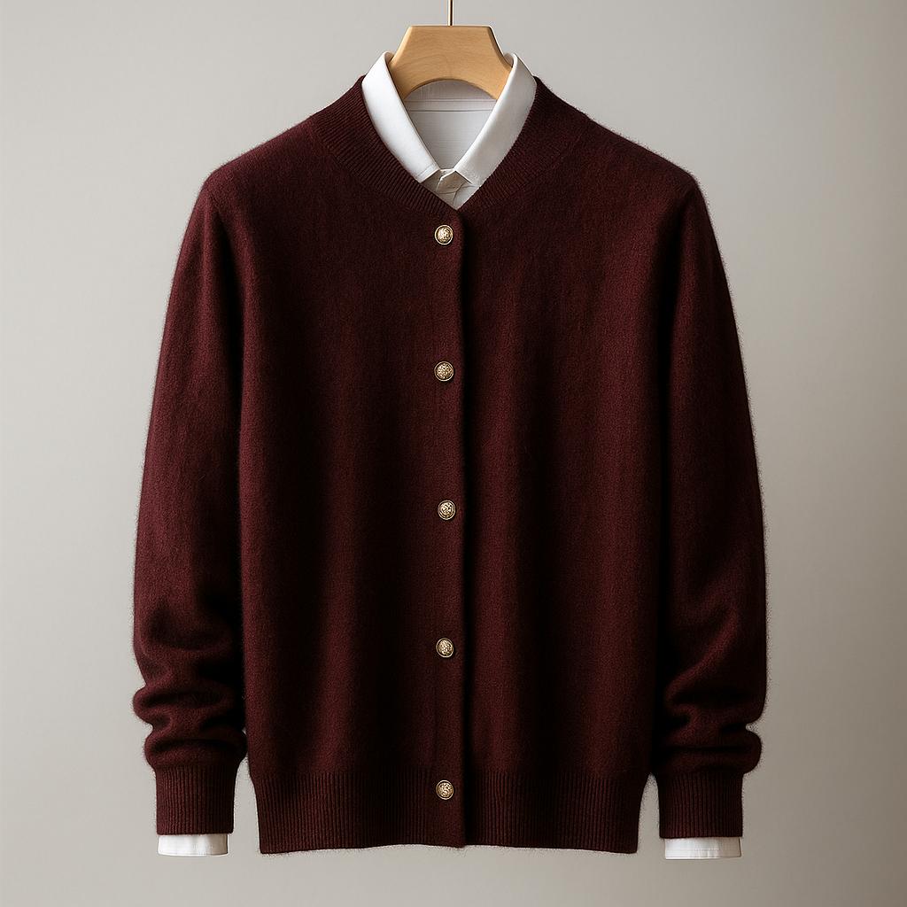 Roter Herren Strick Cardigan mit V-Ausschnitt & Knopfleiste. Bequeme & elegante Winterjacke für kalte Tage.