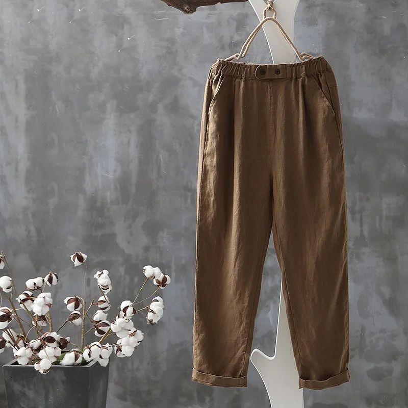 Leichte Sommerhose für Damen aus Leinen mit weitem Bein und bequemem Gummibund, perfekt für Urlaub.