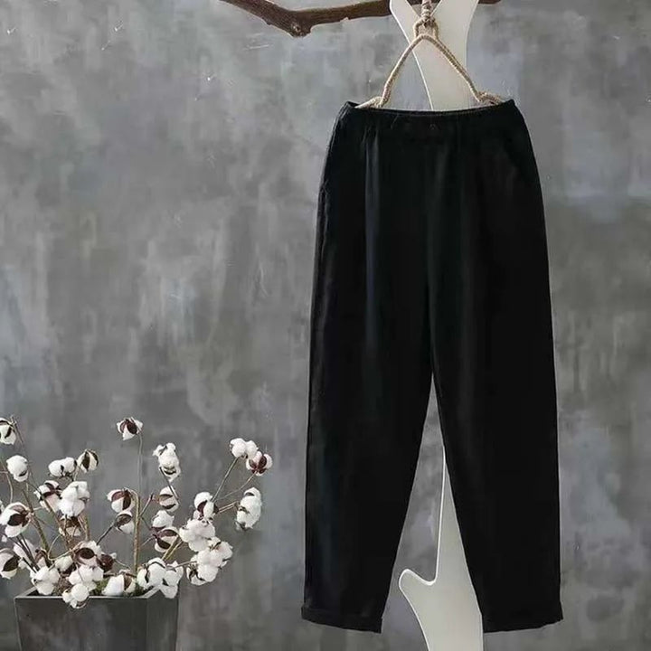 Moderne Damen Leinenhose mit praktischem elastischem Bund, weites Design, ideal für Frühling und Sommer.