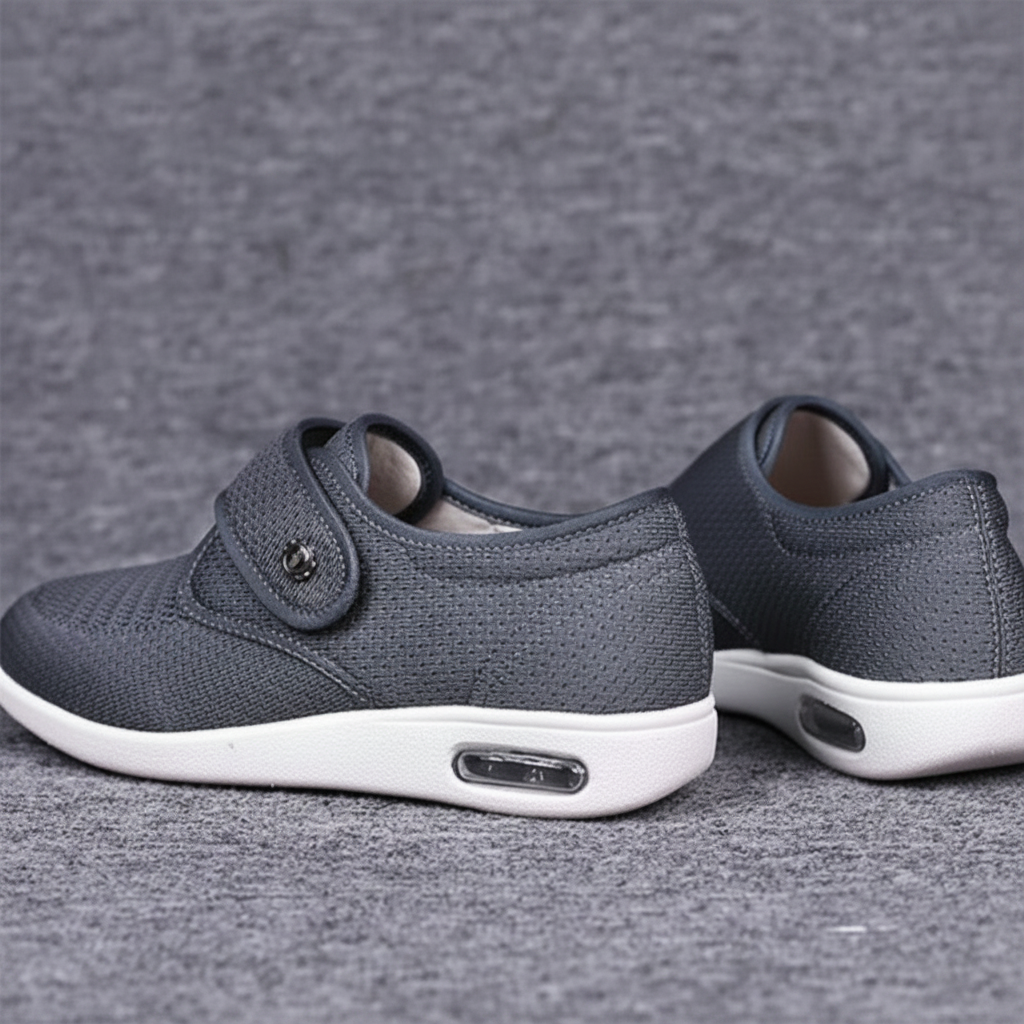 Nahaufnahme der gepolsterten Innensohle von grauen Damen-Komfortschuhen, ideal für breite Füße und langen Tragekomfort.