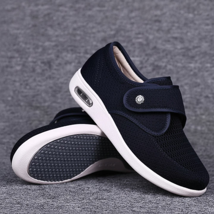 Modische blaue Bequemschuhe für Damen mit breiter Passform, perfekt als Freizeitschuh und Alltagsschuh.