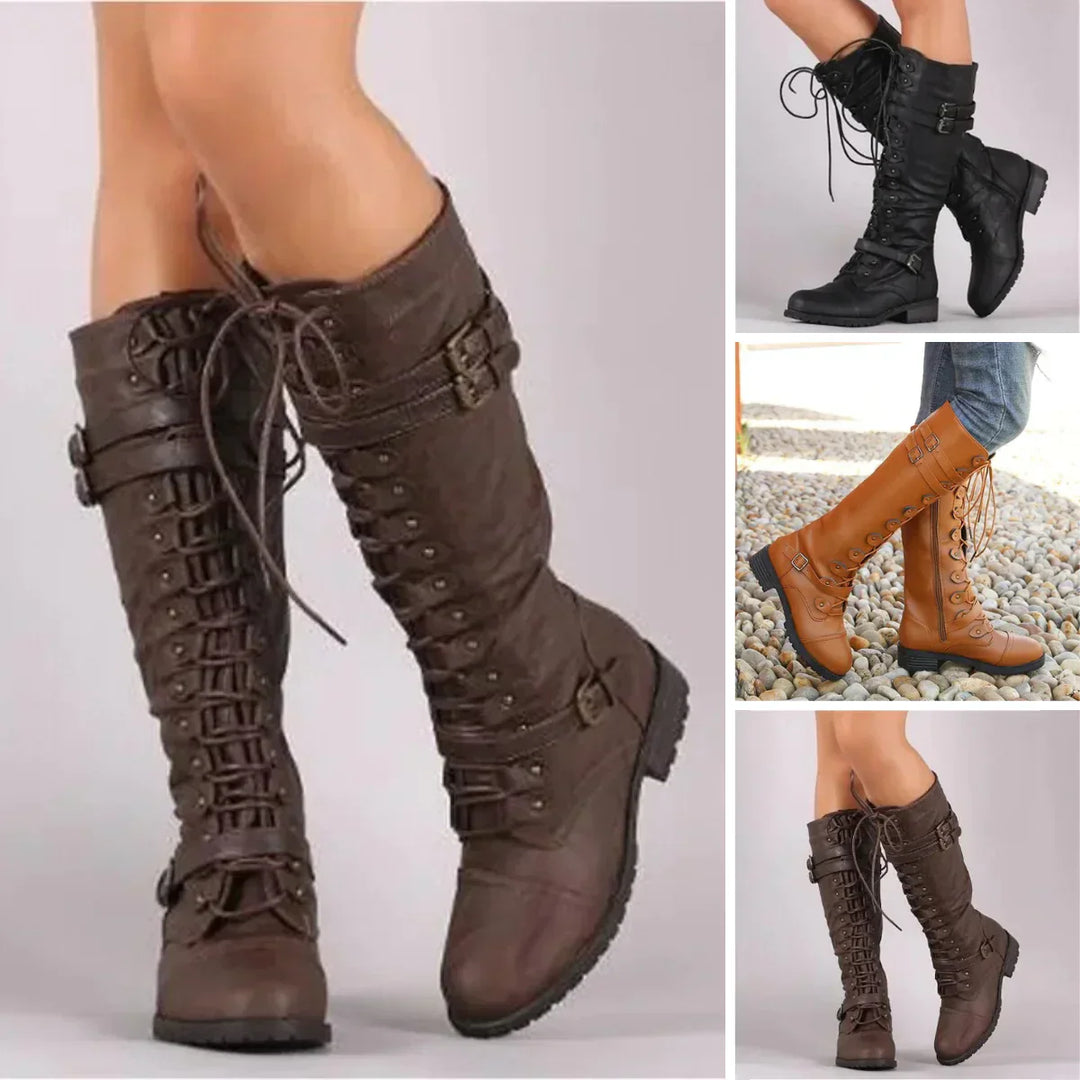 Vielseitige flache schwarze Damen-Herbststiefel, kniehoch & bequem, perfekt als Alltagstiefel für jede Frau.