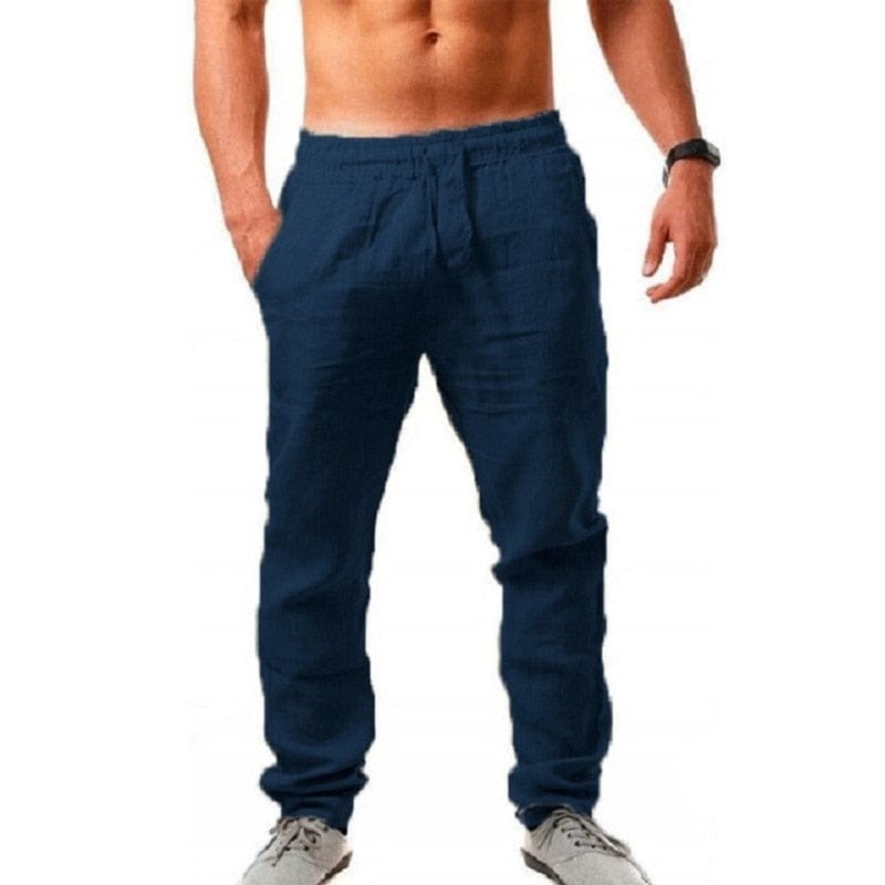 Moderne Herren Leinenhose Jogger in Unifarbe; ideal als bequeme Freizeithose oder Business Casual für Männer.
