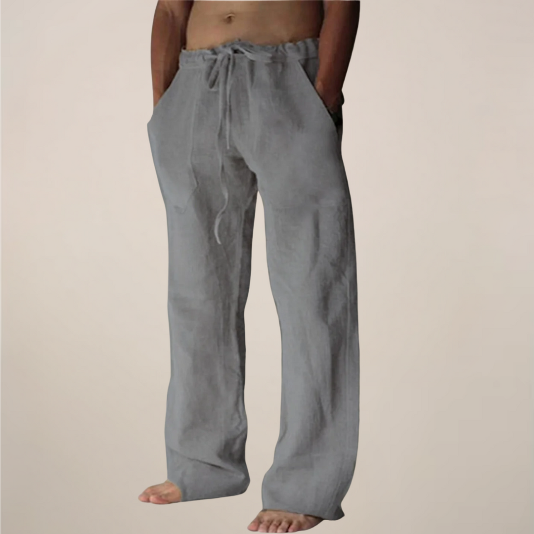 Weite Herren Sommerhose mit elastischem Bund und Kordelzug, bequemer Casual-Stil für warme Tage.