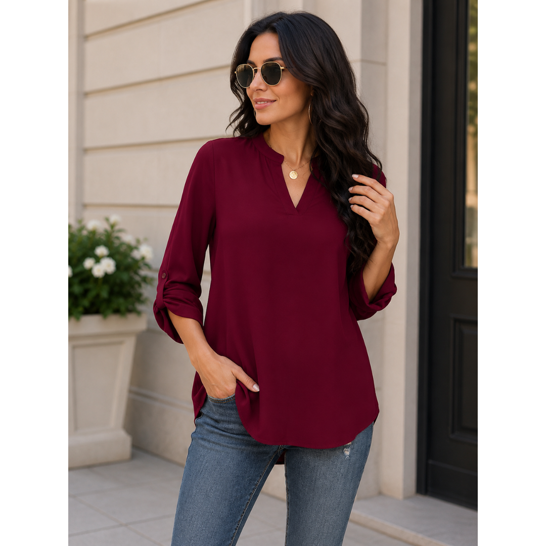 Farbige Damen Fledermausärmel Bluse, V-Ausschnitt, locker sitzend, ideal für warme Sommertage.