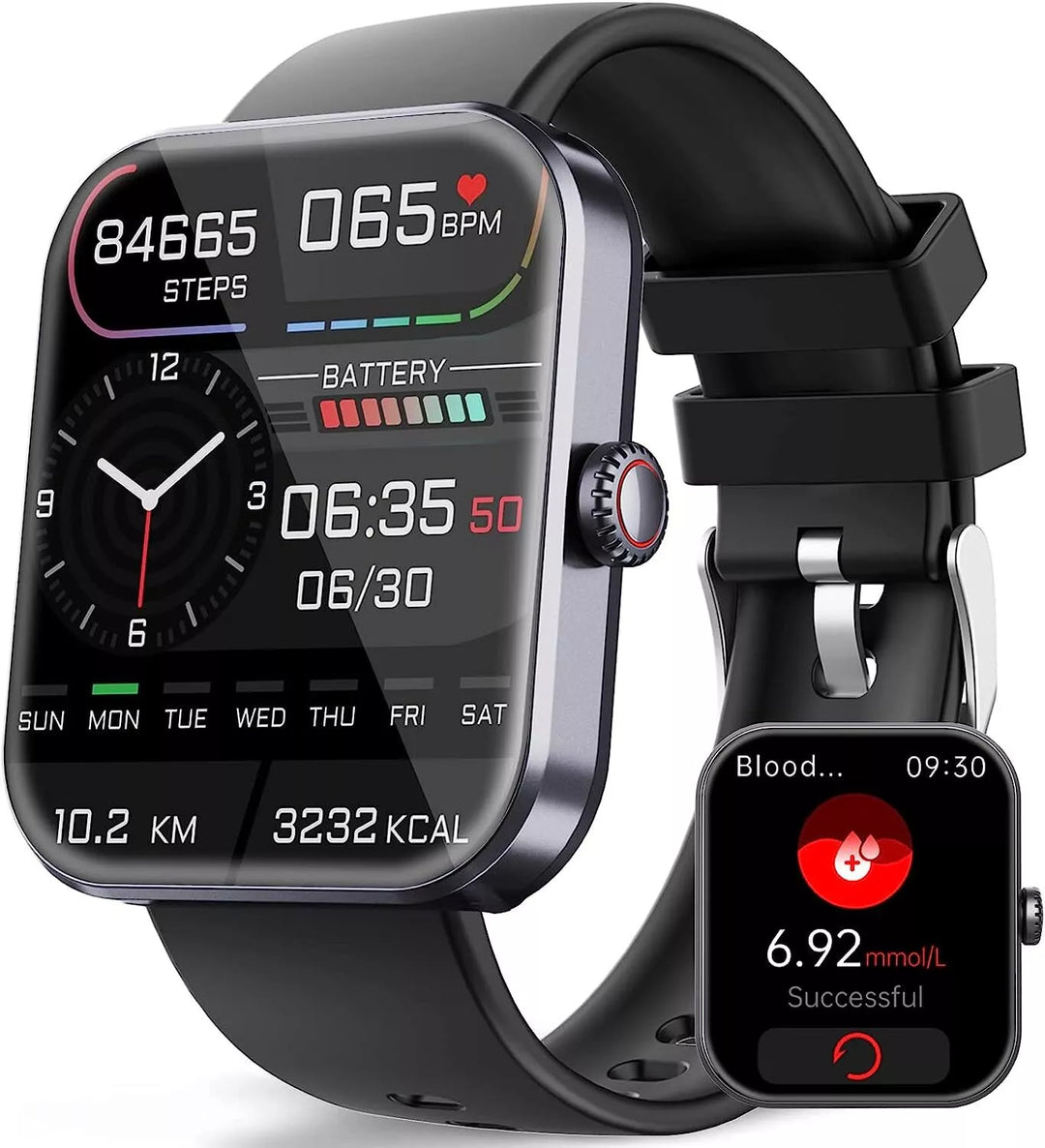 Blutdruck- und Blutzucker-Smartwatch in Schwarz mit eleganter Optik und innovativer Gesundheitsüberwachung.