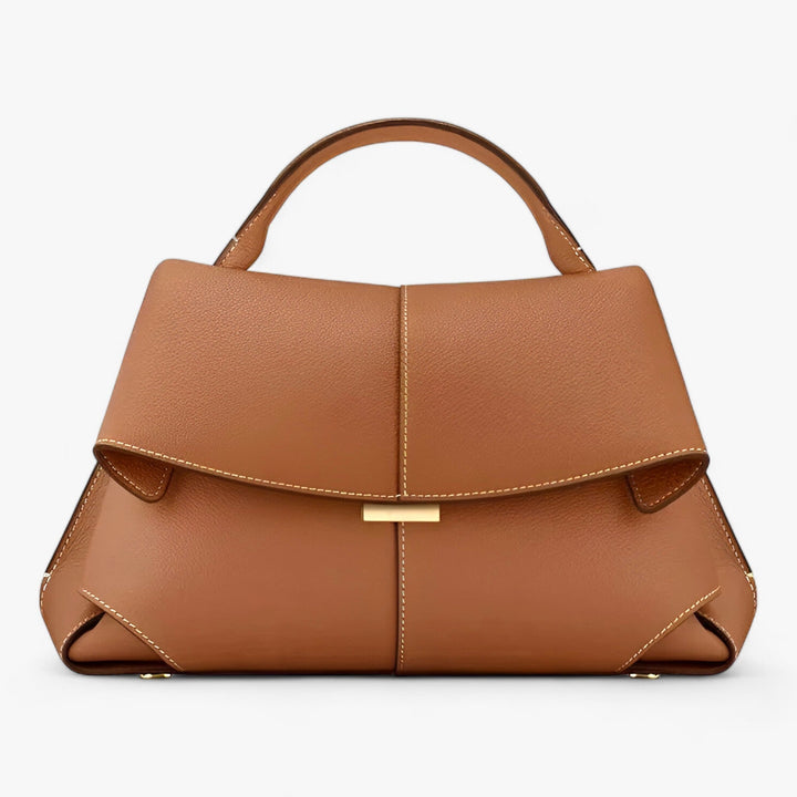 Braune Lederhandtasche mit Griff, elegantes Design, Damenmode, hochwertige Accessoires.