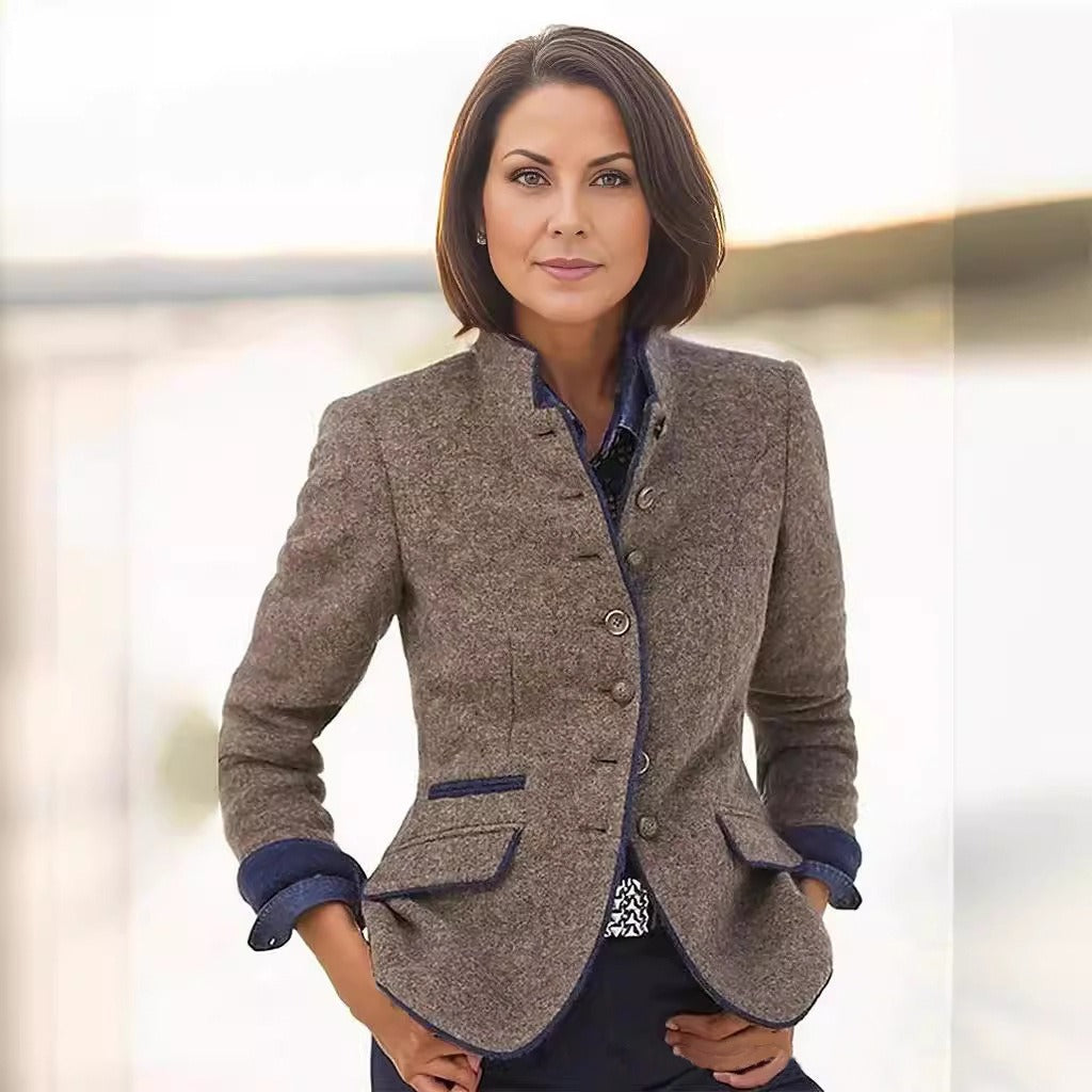 Damen Vintage Blazerjacke in Braun mit Fischgrätenmuster