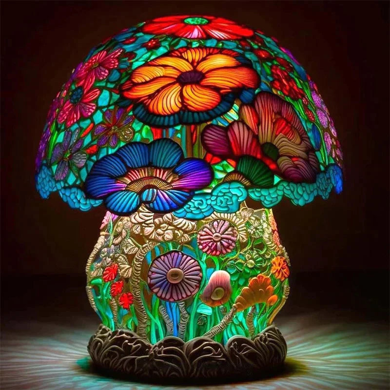 Buntes Tiffany-Glas-Pilzlampe mit Blumenmuster, dekorative Tischleuchte, Kunstglasdesign