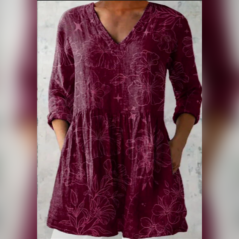 Damen lange Bluse mit V-Ausschnitt und Muster in Bordeauxrot