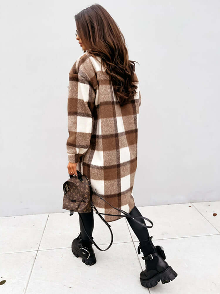 Damen Oversized Karo-Jacke: Langer Mantel