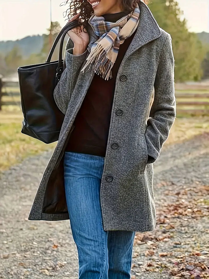 Damen Wintermantel in Grau mit elegantem Kragen und langer Passform