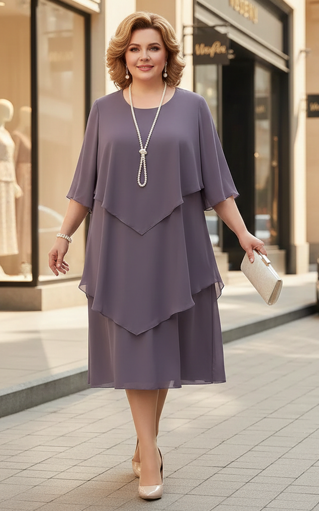 Elegantes Damen Midikleid mit asymmetrischem Schnitt in der Ansicht von hinten für einen stilvollen Auftritt.