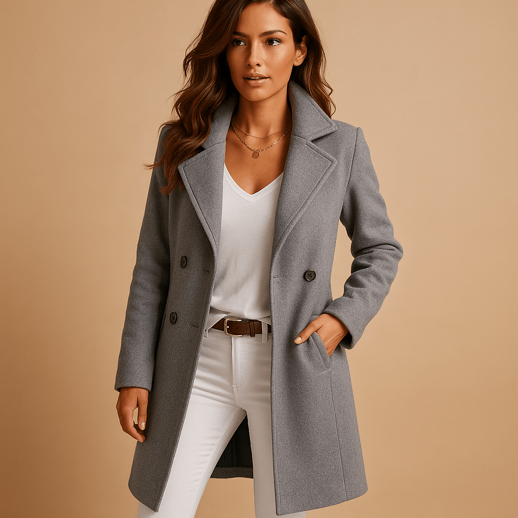 Eleganter langer Damen Business Mantel mit klassischer Knopfleiste. Vielseitiger Übergangsmantel für stilvolle Auftritte.