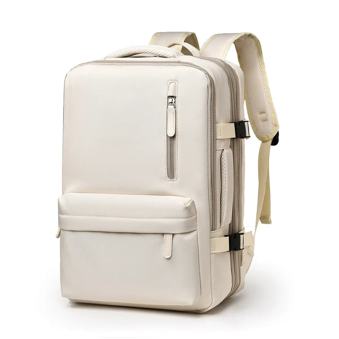 "Cremfarbener geräumiger Reiserucksack, Frauen Accessoire, Vorderansicht, vielseitig mit robustem Design, ideal für Reisen"