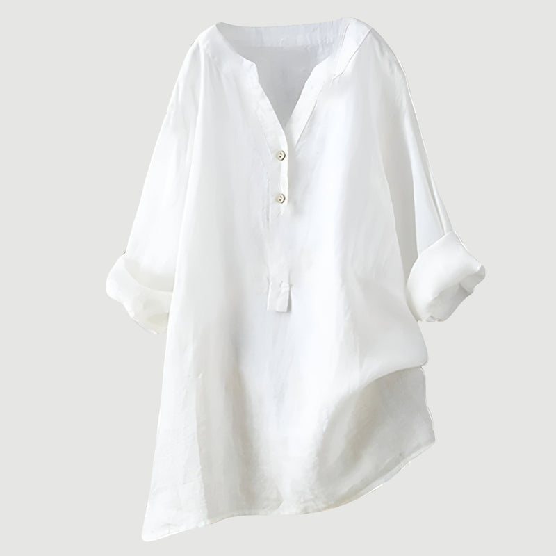 Schicke Damenbluse mit V-Ausschnitt und Knopfleiste, Langarm, für eine elegante und entspannte Silhouette.