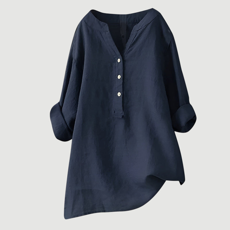 Zeitlose Damen Bluse mit V-Ausschnitt und Knopfleiste, schick und bequem für den Alltag.