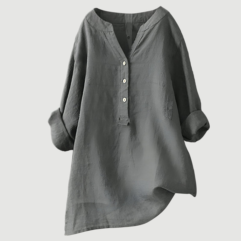 Leichte Damen Bluse mit V-Ausschnitt, Knopfleiste und fließendem Stoff, ideal für warme Tage.