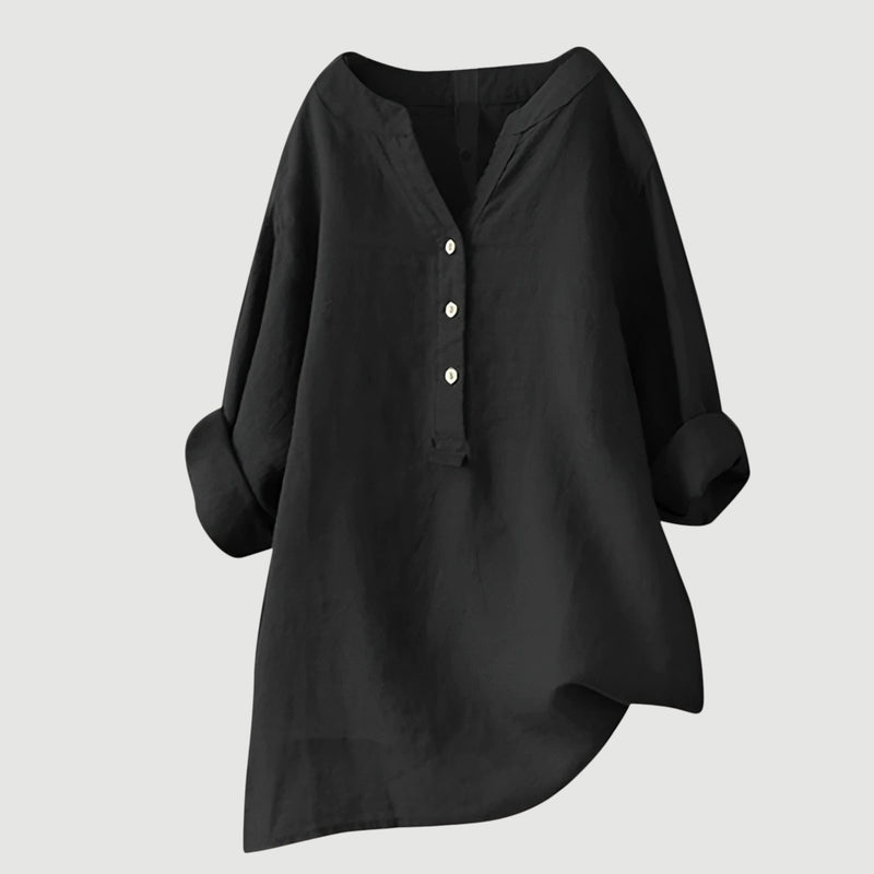 Damen Sommerbluse mit V-Ausschnitt, Knopfleiste und lockerer Passform, vielseitig kombinierbar.