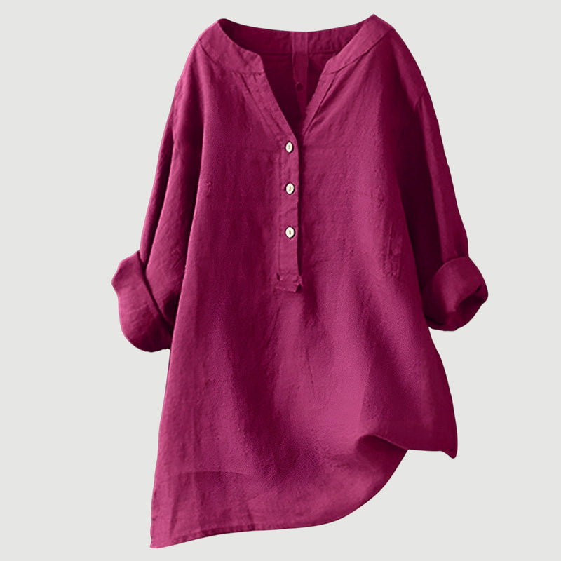Lockere Damenbluse mit V-Ausschnitt und Knopfleiste, angenehmes Oberteil für Frühling und Sommer.