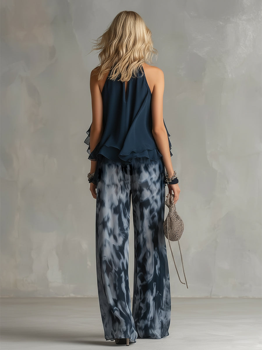 Marineblaues Damen Zweiteiler-Set Aubrey mit weiter Hose und eleganter Bluse für festliche Anlässe