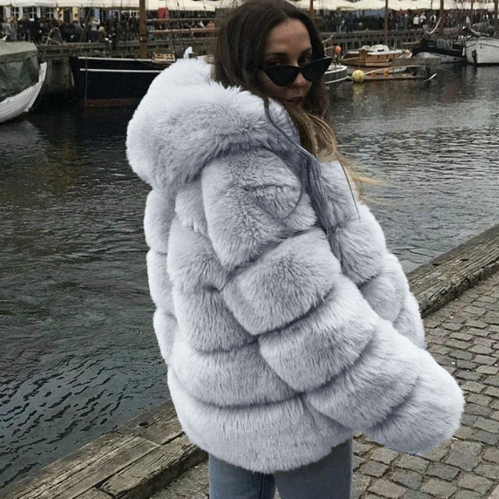 Flauschige Kunstpelzjacke für Damen mit warmer Kapuze und Reißverschluss