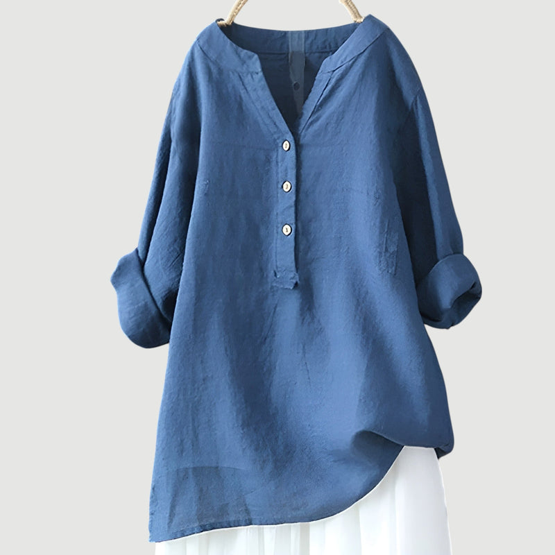 Komfortable Damen Freizeitbluse mit V-Ausschnitt, Knopfleiste und weitem Schnitt für jeden Anlass.