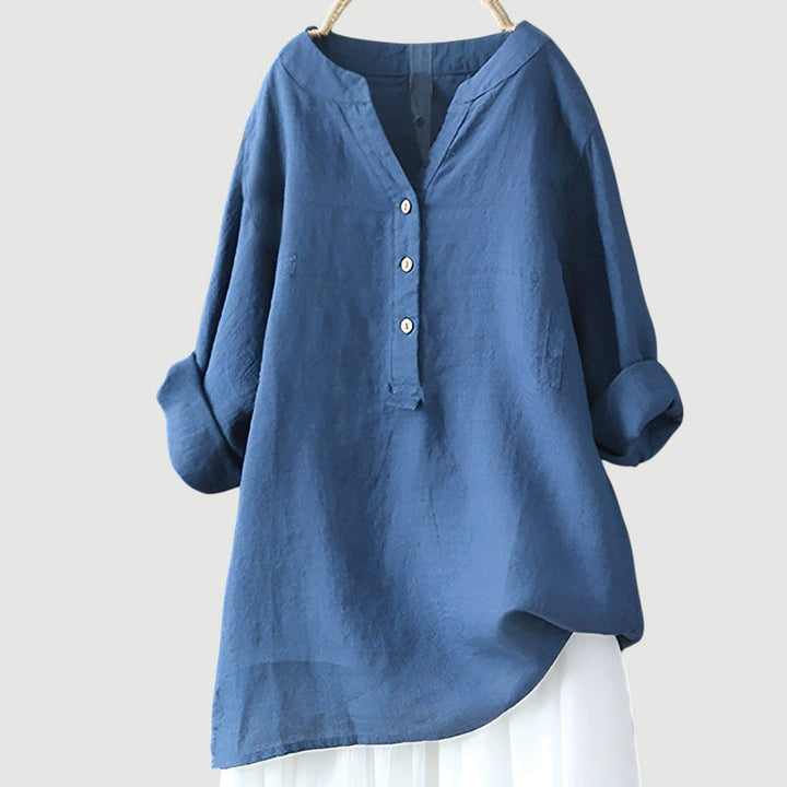 Komfortable Damen Freizeitbluse mit V-Ausschnitt, Knopfleiste und weitem Schnitt für jeden Anlass.