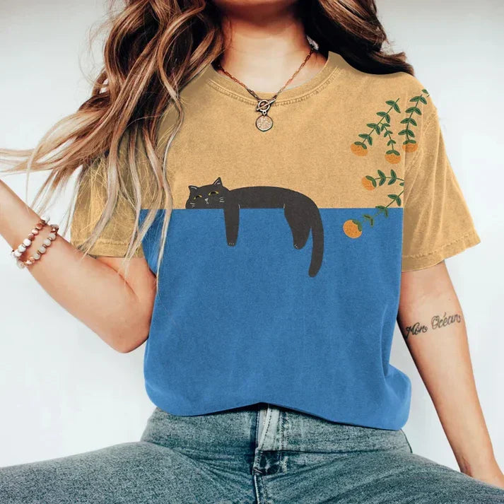 Damen T-Shirt in Blau mit Katzen-Motiv und Print