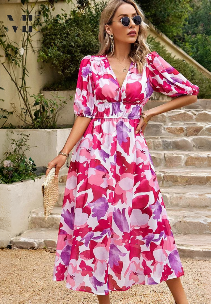 Kurzarm Wickelkleid für Damen, abstrakt gemustert, Midi, perfekt für Freizeit & Büro.