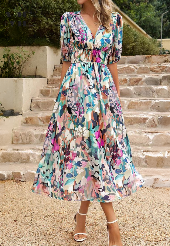 Elegantes Midi Wickelkleid für Damen, figurschmeichelnd, mit auffälligem abstraktem Print.