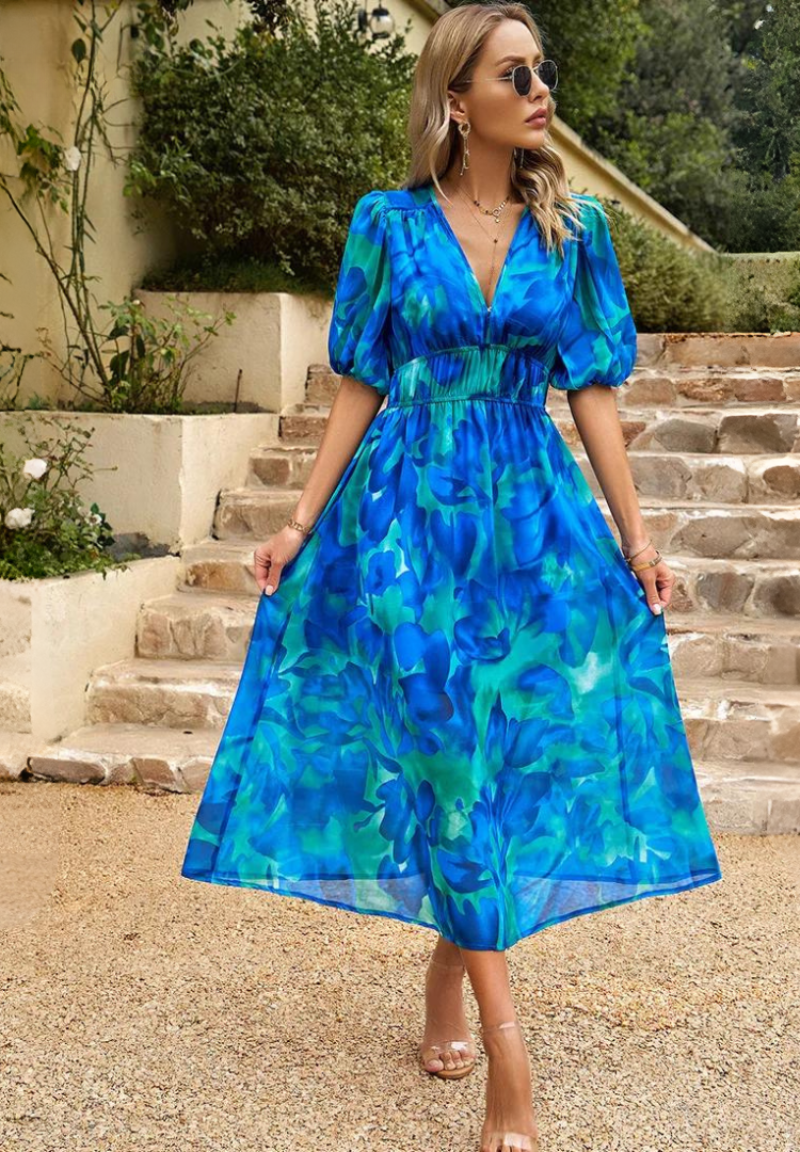 Damen Wickelkleid Midi mit abstraktem Print, V-Ausschnitt, sehr modisch & bequem.