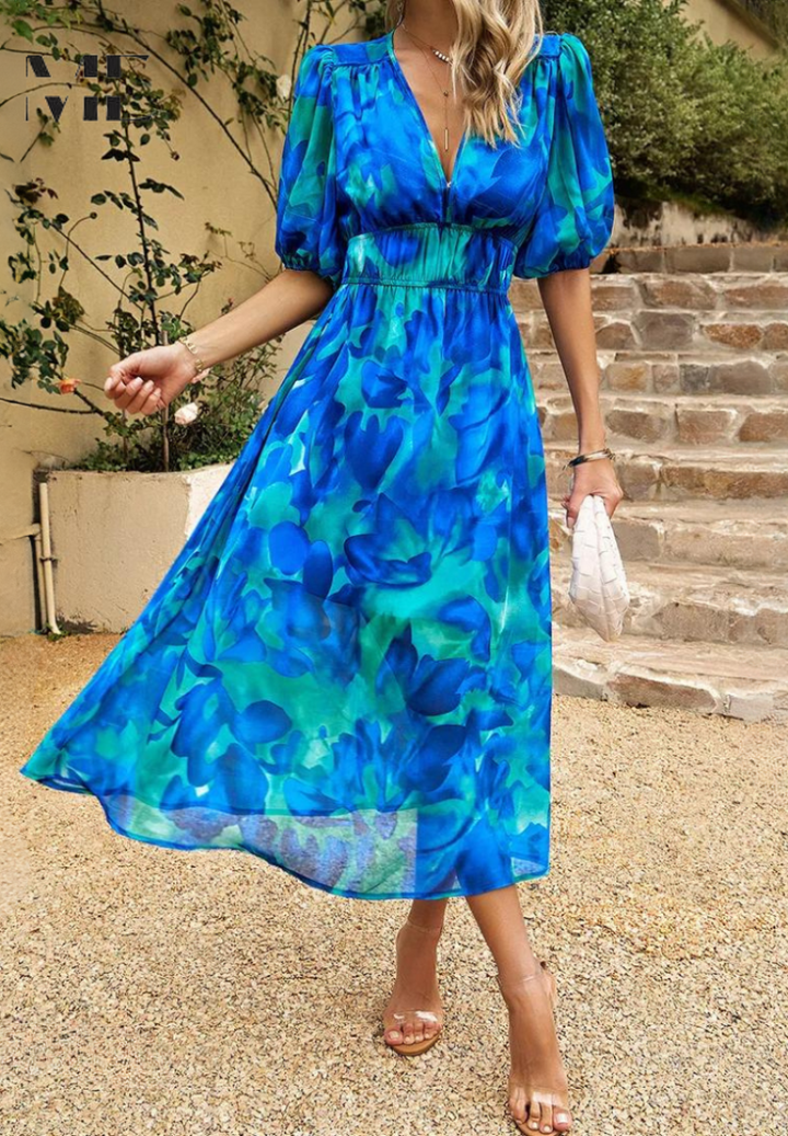 Damen Midi Wickelkleid mit einzigartigem abstraktem Print, Kurzarm, schmeichelnder Passform.