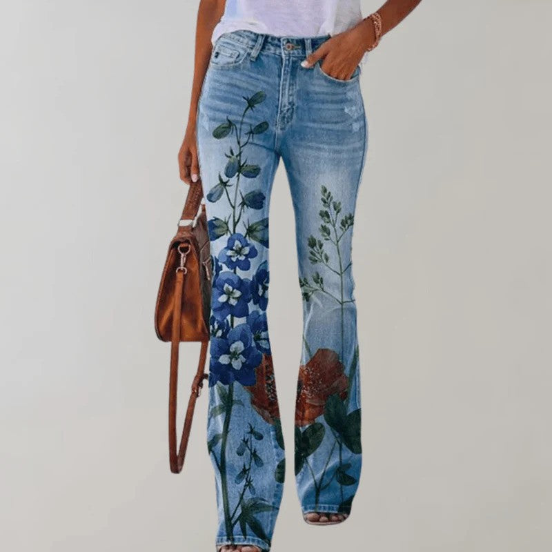 Moderne Damen Jeanshose, ausgestellter Schnitt, mit auffälligem Knopf-Detail.