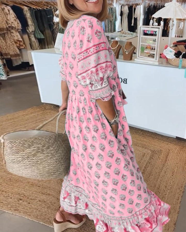Vielseitiges Damen Sommerkleid: bedrucktes Midikleid mit V-Ausschnitt. Perfekt für Büro & Freizeit.