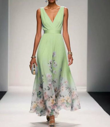 Damen Blumenmuster Kleid: Elegantes Sommerkleid für Hochzeitsgäste, fließender Stoff, V-Ausschnitt.