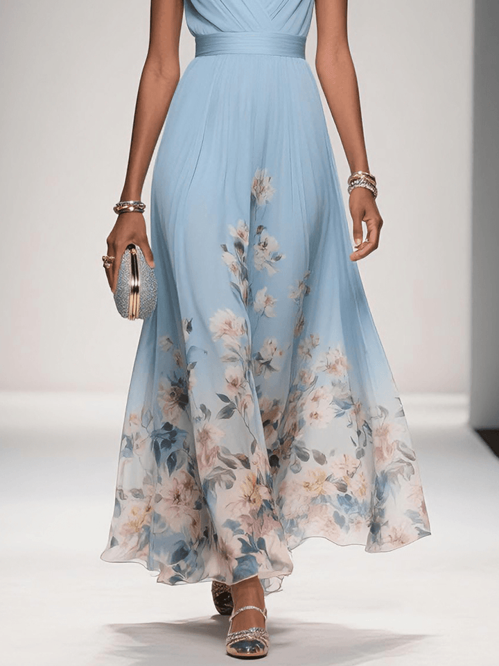 Leichtes Damenkleid mit Blumenmuster, V-Ausschnitt, Wickelkleid-Stil, perfekt für festliche Sommermode.