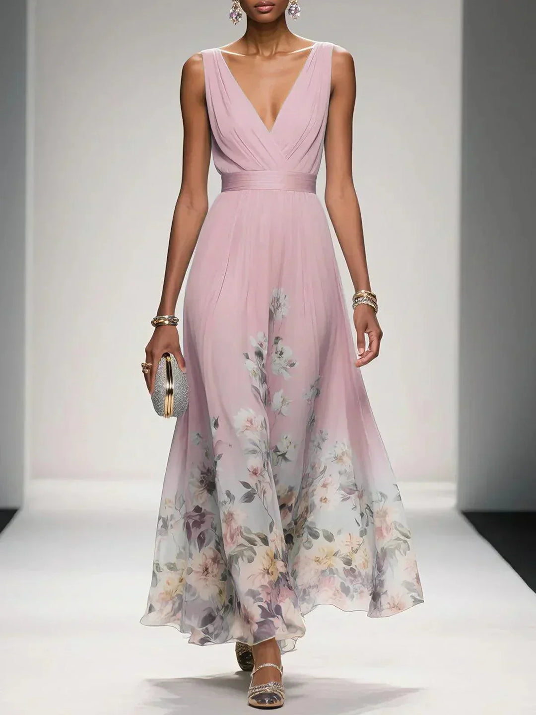 Elegantes Damenkleid mit floralem Muster, leichtes Material, perfekt für Hochzeiten und Sommerpartys.