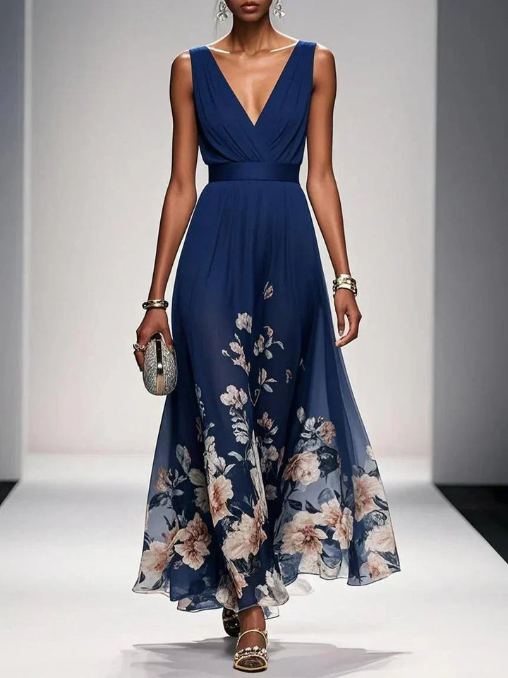 Fließendes Damenkleid mit Blumenmuster, sehr elegant, geeignet als Hochzeitsgast-Kleid.