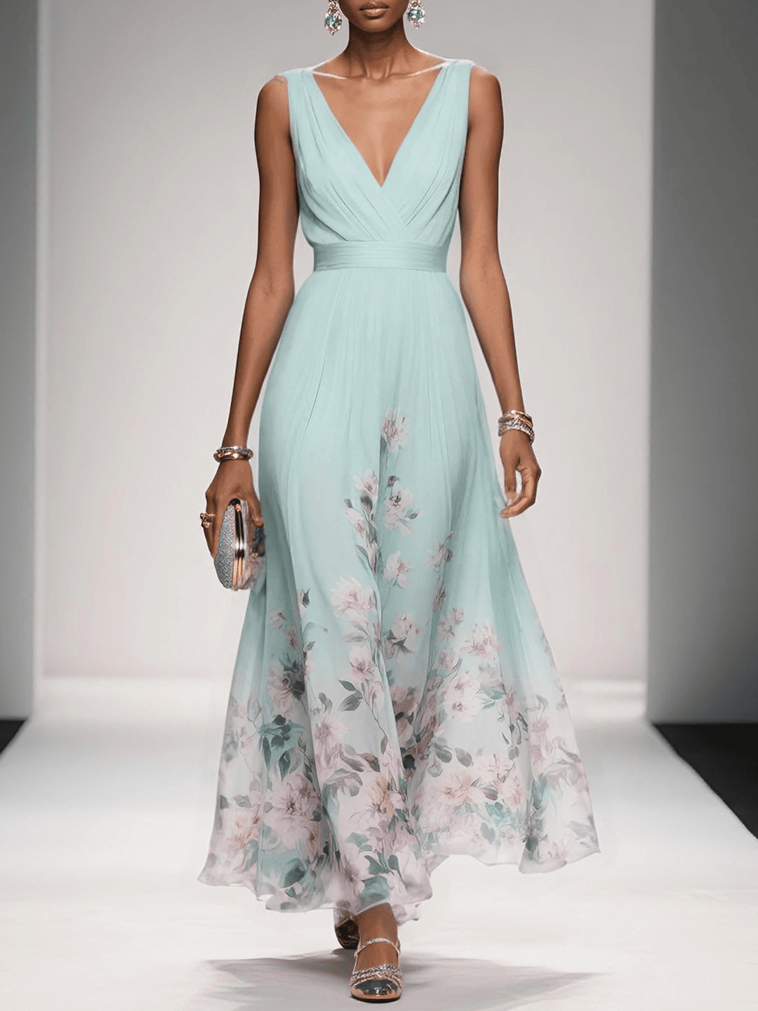 Damenkleid: Elegantes Wickelkleid mit Blumenmuster, V-Ausschnitt, leicht und ideal für den Sommer.
