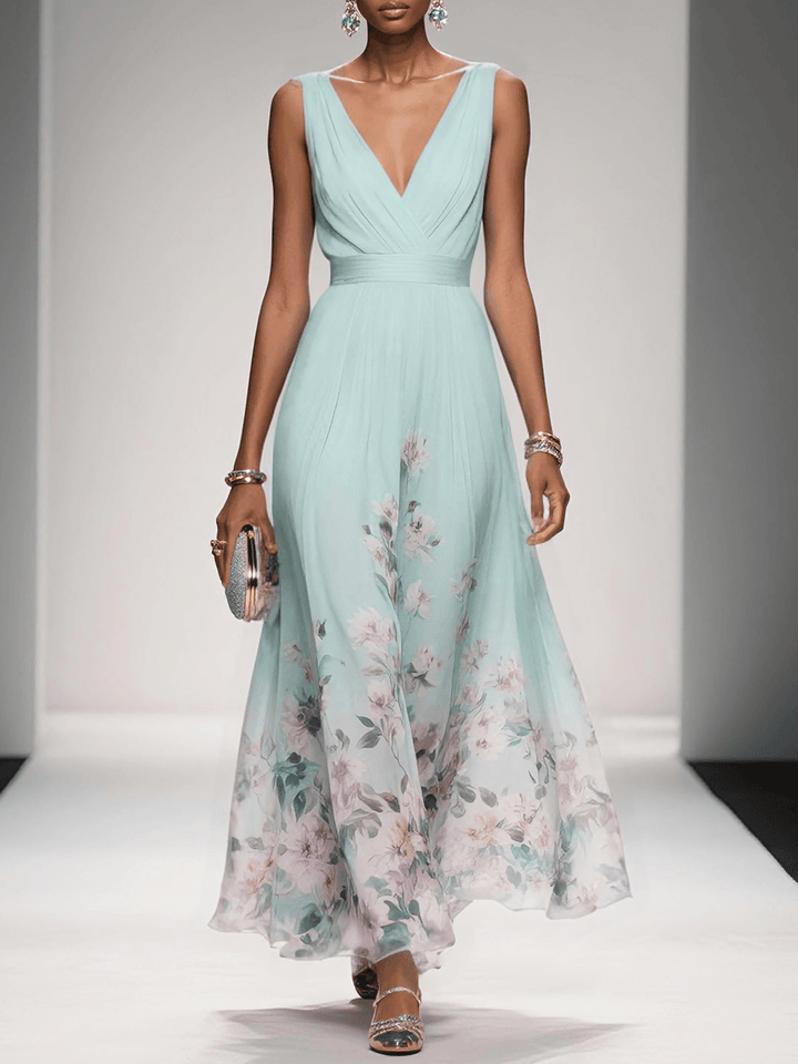Damenkleid: Elegantes Wickelkleid mit Blumenmuster, V-Ausschnitt, leicht und ideal für den Sommer.