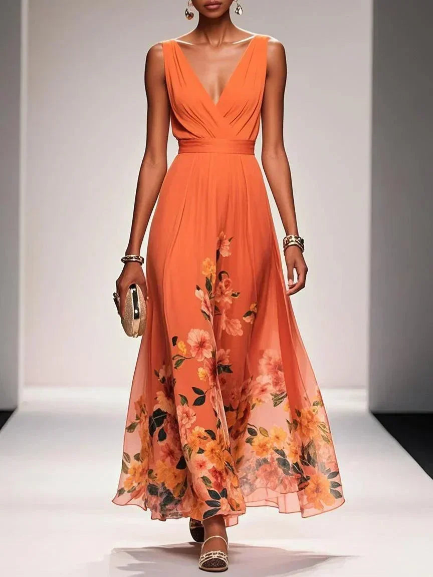 Sommerliches Damen Blumenkleid, elegant & fließend, perfekt für Hochzeiten und besondere Anlässe.