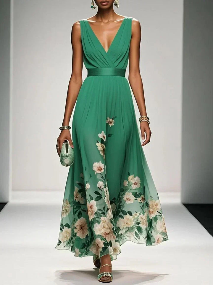 Festliches Blumenmusterkleid für Damen, mit V-Ausschnitt und fließendem Schnitt, ideal für Partys.