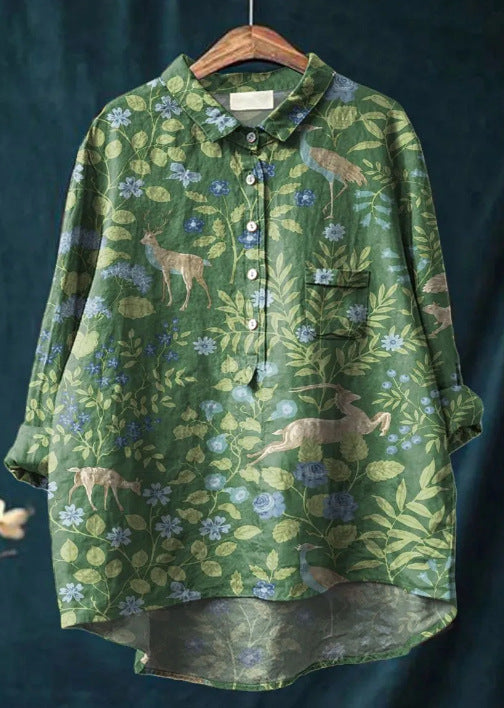 Detailansicht des floralen Musters auf dem eleganten Damen Chemisier-Shirt Elise. Modische Langarm-Damenbluse.