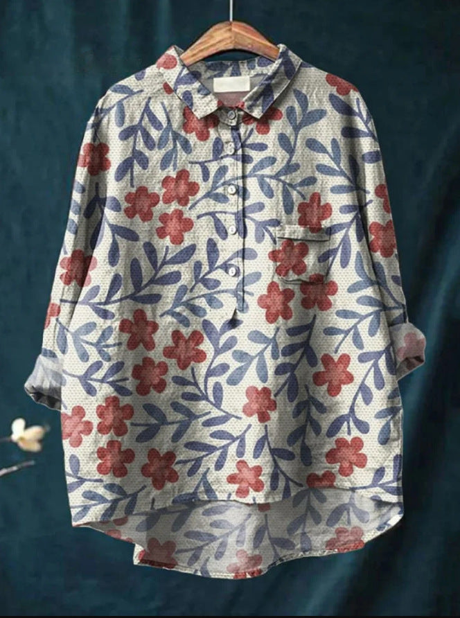 Florales Langarm-Blumenshirt Elise für Damen, ein klassischer Chemisier-Stil mit lebendigem Blumenmuster.