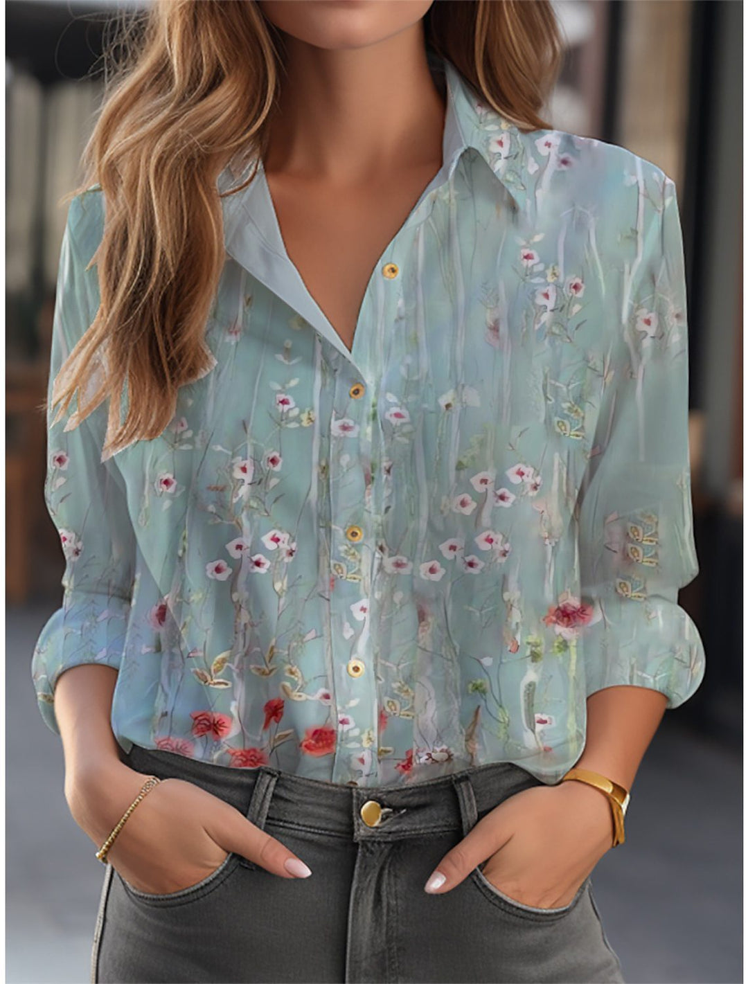 Bürotaugliche Damen Bluse, Langarm, Blumenmuster, lockere Passform, stilvolle Mode für jeden Tag.