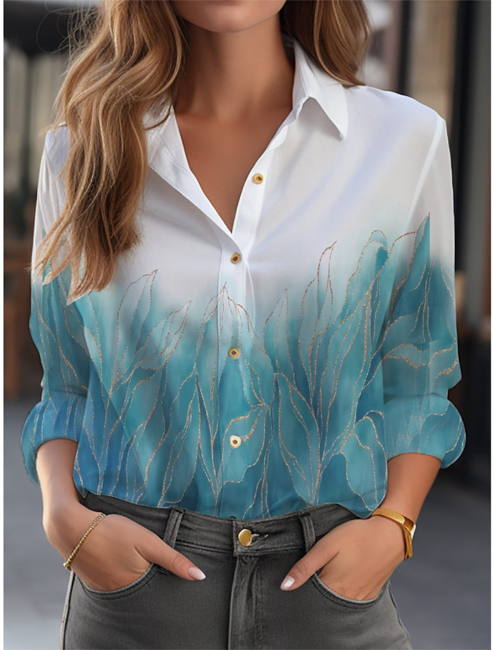 Trendige Damenbluse mit detailreichem Blumenmuster, Langarm, lockere Passform, moderne Frühjahrsmode.